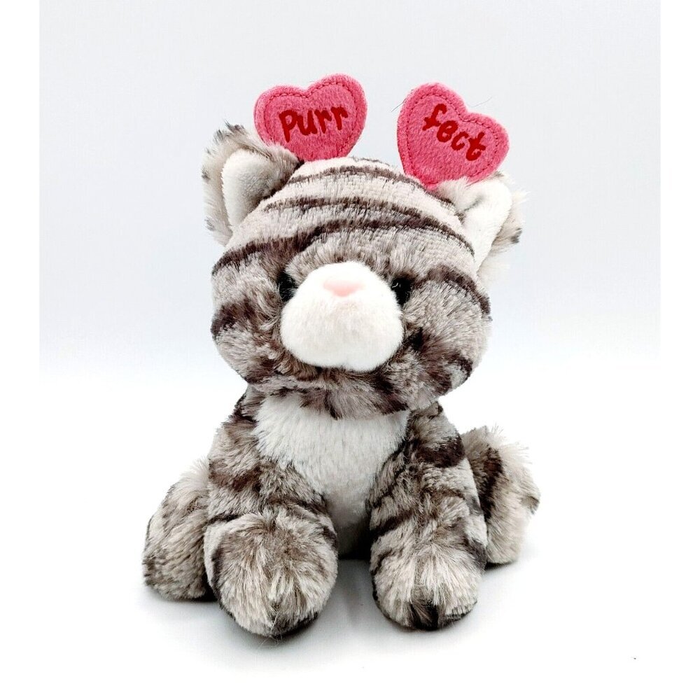 Aurora Striped Grey Plush Cat 6" Stuffed Animal Hearts Purrfect Beanbag Bottom